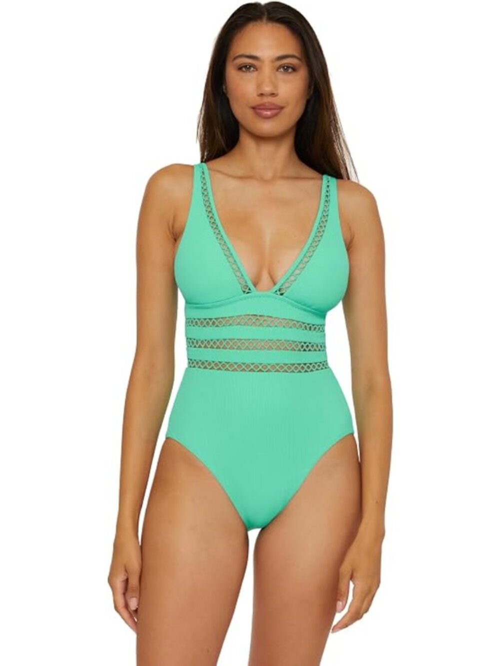 Becca 'Modern Edge' Crochet-Trim One-Piece Swimsuit, Aqua Sea